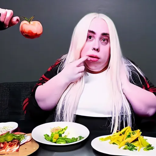 Prompt: morbidly obese billie eilish doing mukbang on video