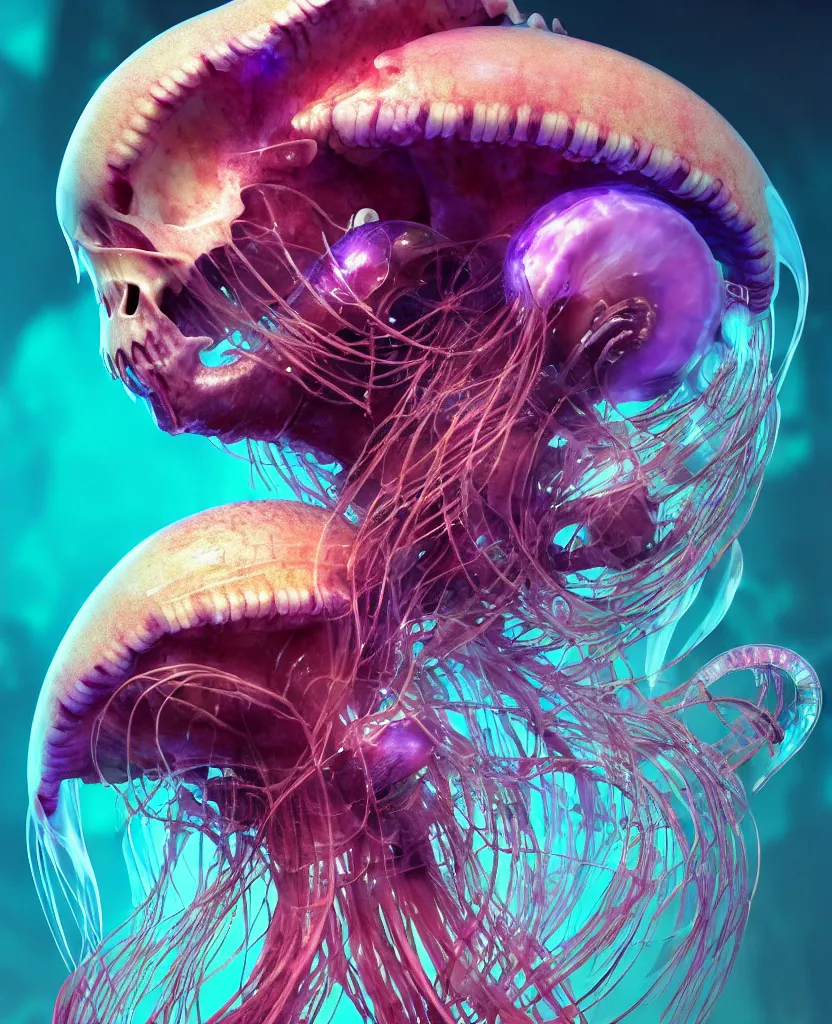 Image similar to goddess close-up portrait ram skull. jellyfish phoenix head, nautilus, orchid, skull, betta fish, bioluminiscent creatures, intricate artwork by Tooth Wu and wlop and beeple. octane render, trending on artstation, greg rutkowski very coherent symmetrical artwork. cinematic, hyper realism, high detail, octane render, 8k