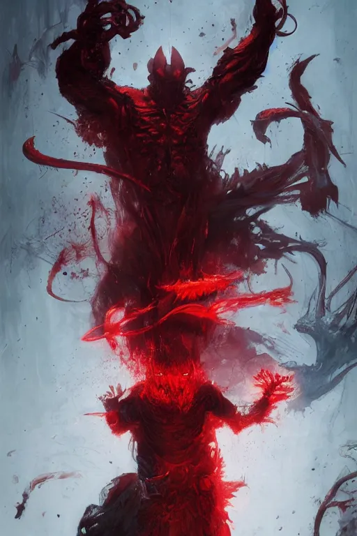 Image similar to demon with red magic in his hands, dark, intricate, highly detailed, epic, digital painting, artstation, concept art, digital illustration by Ruan Jia and Mandy Jurgens and Wayne Barlowe and Greg Rutkowski and Zdislav Bekinski