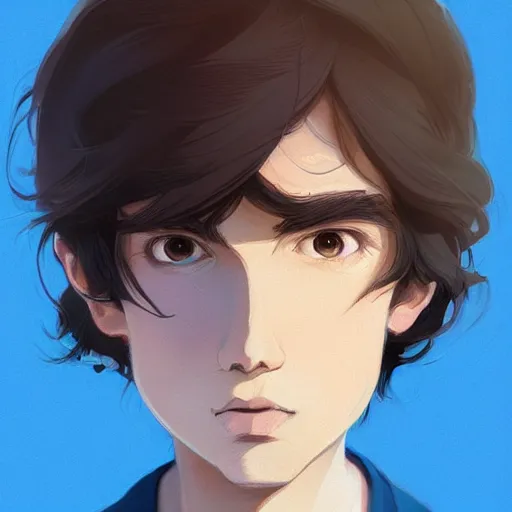 Prompt: portrait of a boy with long fluffy brown hair. blue background. digital art, procreate, stylized, by rossdraws, ghibli, greg rutkowski