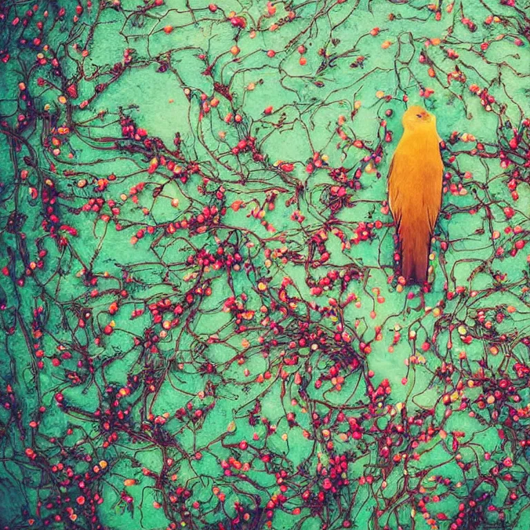 Image similar to human with the sea and the forest inside, veins diverge through the body like rivers filmed on a satellite, a person is decorated with wild berries, a beautiful bird is looking at him next, colorful picture