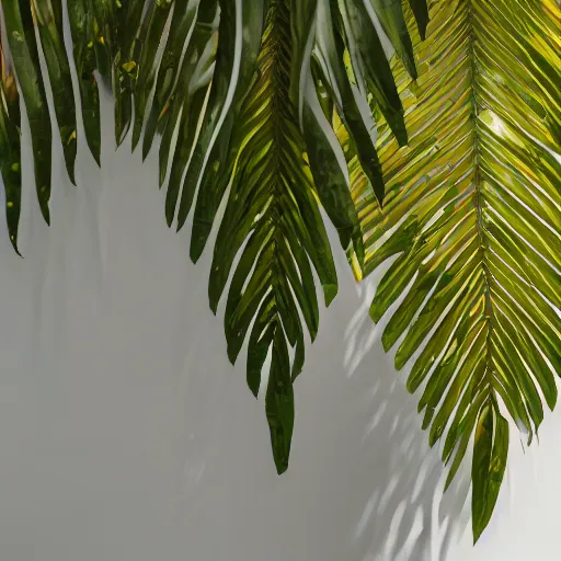 Image similar to an ultra high definition professional studio quality photograph of a ( ( ( ( ( ( transparent iridescent ) ) ) ) ) ) perspex pastel coloured jungle leaves on a plant in an empty white room. dramatic lighting, ray tracing, refraction, shallow d. o. f, colour corrected, golden ratio, three point light. volumetric shadows. god rays.