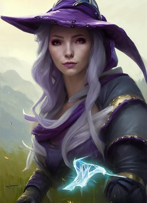 Prompt: portrait of mage Syndra from League of Legends practicing wild magic, countryside, calm, fantasy character portrait, dynamic pose, above view, sunny day, thunder clouds in the sky, artwork by Jeremy Lipkin and Giuseppe Dangelico Pino and Michael Garmash and Rob Rey, very coherent asymmetrical artwork, sharp edges, perfect face, simple form, 100mm