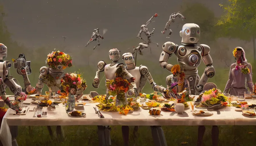 Image similar to a table dinner of robots where robots are dressed like the characters from the midsommar movie wearing flowers, realistic detailed digital art by maxwell boas jessica rossier christian dimitrov anton fadeev trending on artstation cgsociety rendered in unreal engine 4 k hq