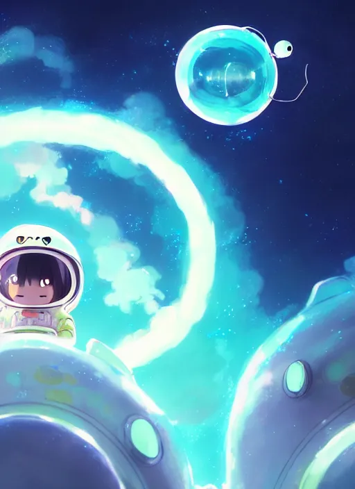 Image similar to a still of a cute kawaii astronaut android riding a large neon kaiju dragon, nebulous background of dynamic space, a dramatic composition by wlop and greg rutkowski and makoto shinkai and studio ghibli and kyoto animation cute bubbly clothing, highly detailed, digital painting, matte