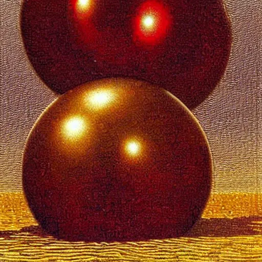 Prompt: chrome spheres on a red cube by carlos schwabe