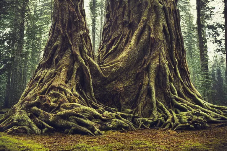 Image similar to ent monster tree in a swedish forest, very low angle photograph, very detailed, trending on artstation, realistic, soft colors, illustration by john bauer, simon stålenhag
