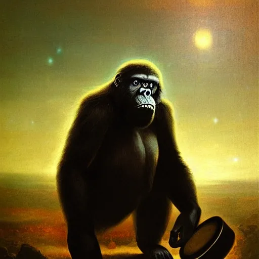 Prompt: UHD photorealistic Cosmic King Kong playing drums, trending on artstation, in the style of tonalism by Greg Rutkowski and Albert Bierstadt