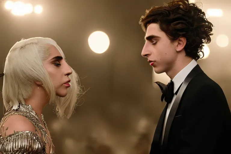 Image similar to lady gaga and timothee chalamet meet, red weapon 8 k s 3 5, cooke anamorphic / i lenses, highly detailed, cinematic lighting