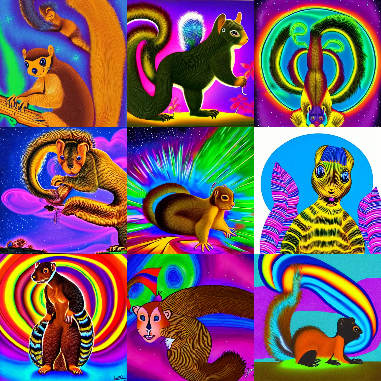 Prompt: light painting malabar giant squirrel illustration by lisa frank