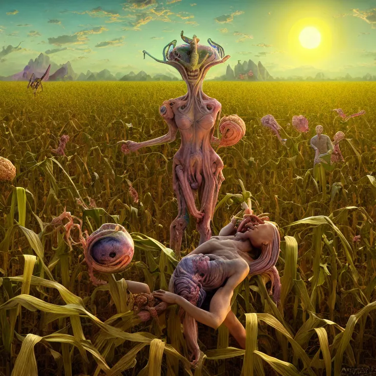 Prompt: aliens in the corn field, beautiful atmosphere, colorful, pastel colors, neoclassic, baroque painting, beautiful detailed intricate insanely detailed octane render trending on artstation, 8 k artistic photography, photorealistic, volumetric cinematic light, chiaroscuro, hieronymus bosch, alex grey, raphael, caravaggio, beksinski, giger, rembrandt