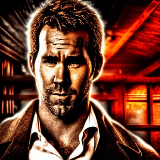 Image similar to a portrait of a Ryan Reynold as a John constantine, DC ,Grim fantasy, superheroes , HDR, natural light, shoulder level shot, dynamic pose, award winning photograph, Mucha style 4k,