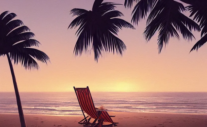 Image similar to painting of a beach chair at sunset under palm trees, natural light, concept art, by greg rutkowski, cozy atmospheric and cinematic lighting