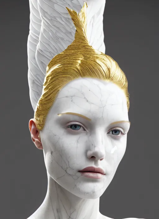 Prompt: a statue made of white marble with gold veins, of an beautiful gorgeous futuristic cybernetic angel girl, prostheses, transhumanism, full body shot, perfect symmetrical body, perfect symmetrical face, hyper realistic, hyper detailed, by johannen voss, by peter kemp, by monia merlo, by michelangelo, octane render, blender, 8 k