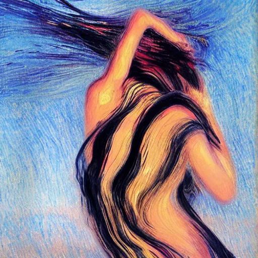 Image similar to filmstill, over the shoulder sketch photography of beautiful female body covered with swirling black translucent blanket blowing in wind, acrylic liquid colors, luxurious supermodel photoshooting, golden jewelry, bokeh, godrays, strong wind, wrinkles, sunrays, sunset, lens flares, monet, renoir, cold colors, concept art, abstract painting, sand dunes, melting victorian statue