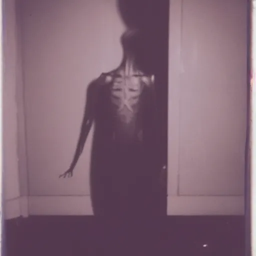 Image similar to Old polaroid of a dark spindly figure standing at the end of a dim hallway, liminal, creepypasta