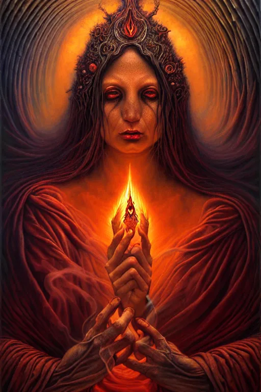 Image similar to A beautiful detailed godness woman super dark tarot card, by tomasz alen kopera and Justin Gerard, symmetrical features, ominous, magical realism, texture, intricate, ornate, royally decorated, melting, whirling smoke, embers, red adornements, red torn fabric, radiant colors, fantasy, trending on artstation, volumetric lighting, micro details, 3d sculpture, ray tracing, 8k, anaglyph effect