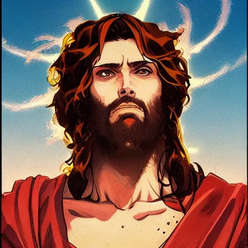 Prompt: jesus in a jojo dramatic pose, illustration by hirohiko araki and greg rutkowski