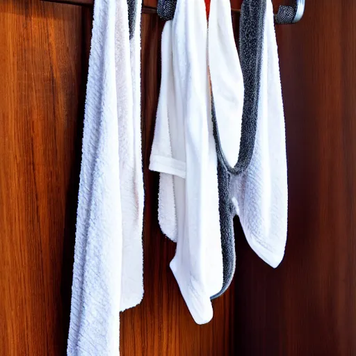 Prompt: a bathrobe belt on a towel rack