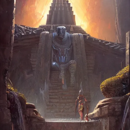 Prompt: black panther aztec temple geog darrow greg rutkowski