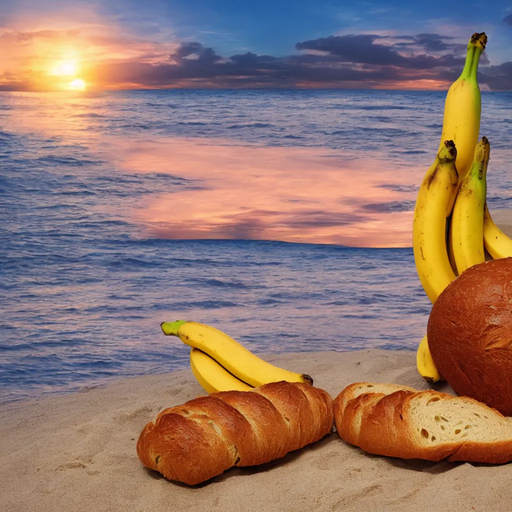 Image similar to a bread and a banana in love at the beach with sunset