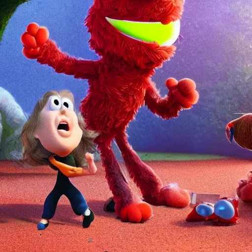 Image similar to stunning, coherent, impressive, detailed still of black a family beating up (elmo) in a fantasy dream world park, follow shot, 3d, in the style of pixar, comic book style, 3d, highly detailed, sharp focus, bokeh, depth of field, 16k resolution, Unreal Engine 5, coherent, cinematic lighting, photorealistic, by Zhang Jingna