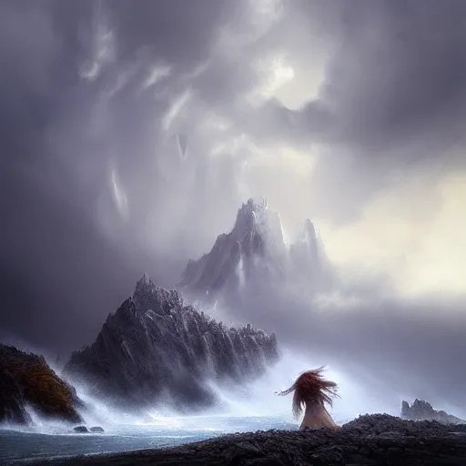 Prompt: colossus by grzegorz rutkowski, atmospheric haze, stormy, tundra, princess in foreground, large scale