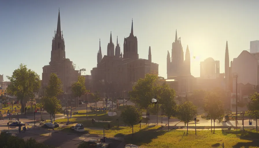 Prompt: midwest city with church, square, trees, sunny day, volumetric light, people on streets, hyperdetailed, artstation, cgsociety, 8 k