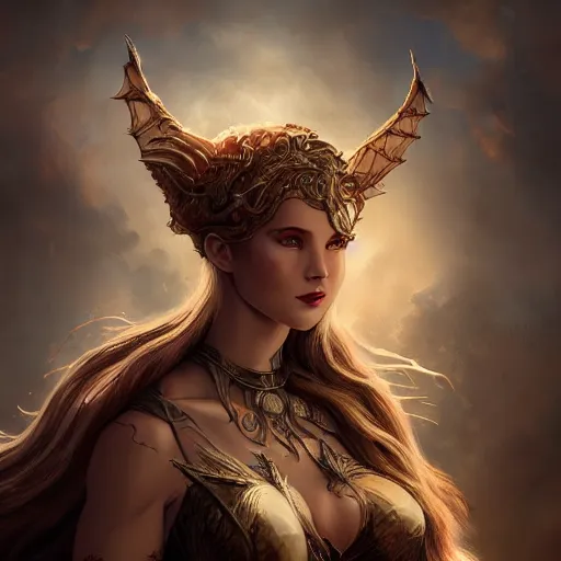 Prompt: A stunning comic book style portrait painting of a dragon goddess, wide view, in the style of WLOP, 8k masterpiece, cinematic lighting, pristine and clean design, high fantasy, insanely detailed, atmospheric,