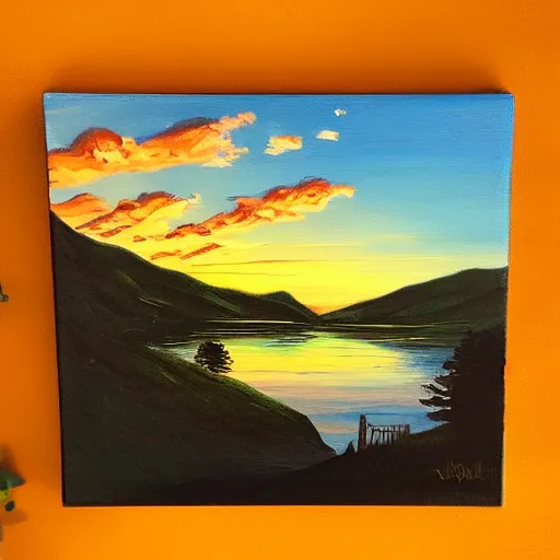 Image similar to a landscape with a lake in the mountain. sunset. cottage. acrylic painting. 4 k. very detailed. trandint on artstation. masterpiece. shadows.