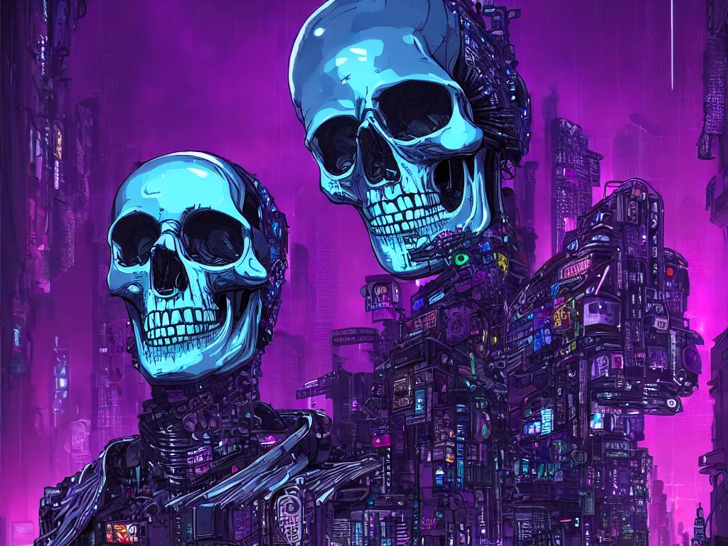 Prompt: high detailed dead android skull in a cyberpunk rainy city at night by Josan Gonzalez, purple and blue neons, unreal engine, high quality, 4K, UHD, trending on ArtStation, wires, blade runner vibes, ghost in the shell, akira, dorohedoro