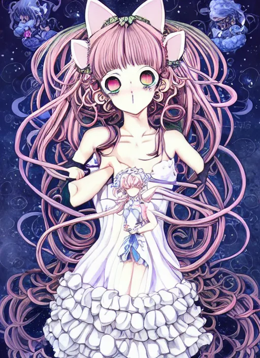 Prompt: manga character design of beautiful cat girl witch with a robot, curls hair, rococo ruffles dress, rosette, symmetrical face, cute, fairy, by kelly mckernan, mai yoneyama, takeshi obata, katsuhiro otomo, detailed background, illustration, artstation, concept art, highly detailed, colorful, maximalist