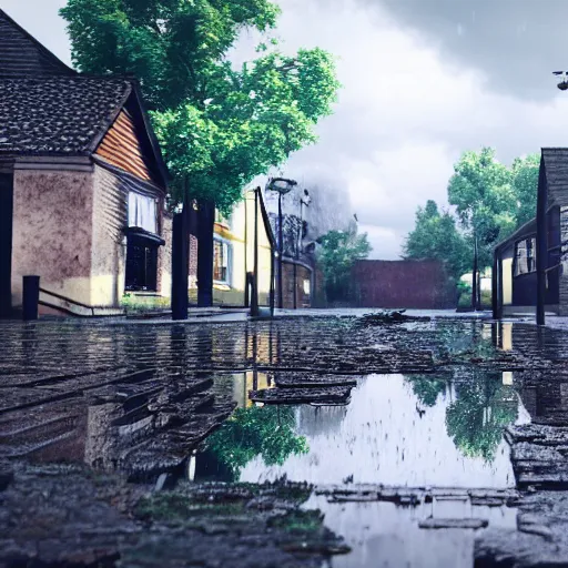 Image similar to still photo of rain puddles and reflections in a village, cloudy weather, highly detailed, photorealistic shot, bright studio setting, studio lighting, crisp quality and light reflections, unreal engine 5 quality render