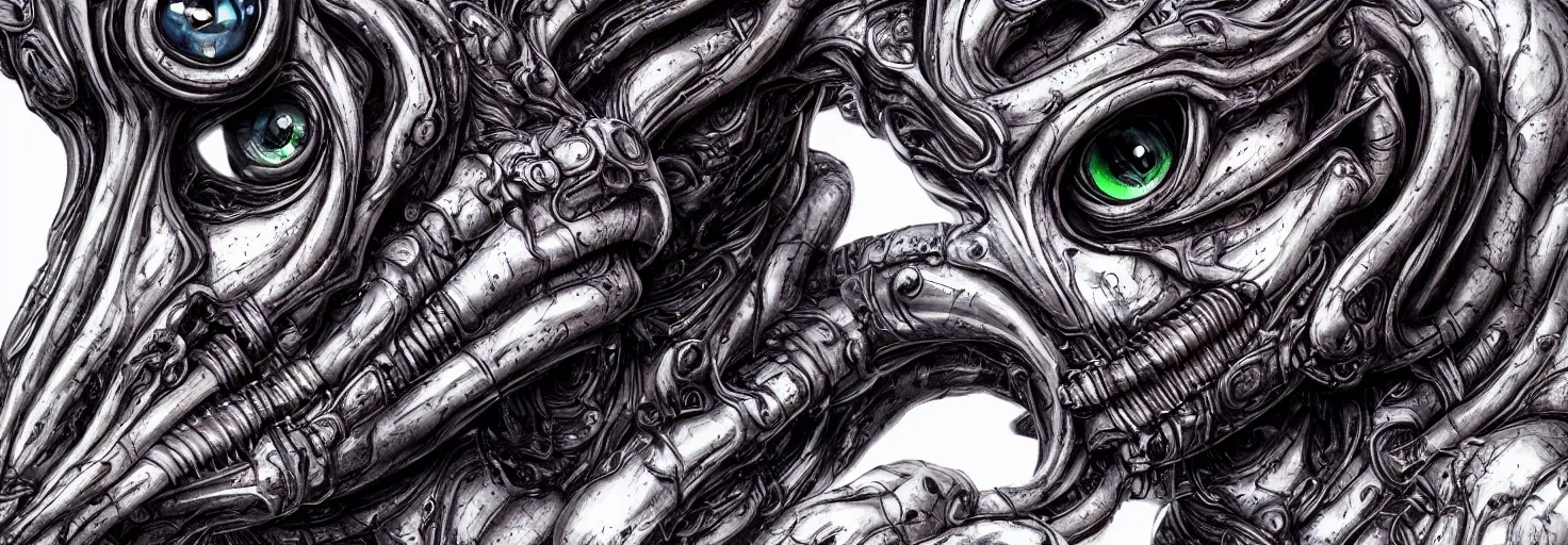 Image similar to engineer alien face by Artgerm, xenomorph alien, highly detailed, symmetrical long head, cinematic colour, smooth marble surfaces, detailed ink illustration, raiden metal gear, cinematic smooth stone, deep aesthetic, concept art, post process, 4k, carved marble texture and silk cloth, latex skin, highly ornate intricate details, prometheus, evil, moody lighting, hr geiger, hayao miyazaki, indsutrial Steampunk, by Artgerm