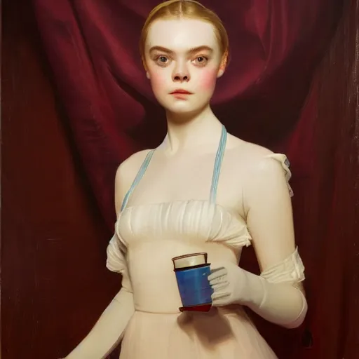 Image similar to Elle Fanning as an Android, oil on canvas, neon lighting, artstation, by J. C. Leyendecker and Peter Paul Rubens,