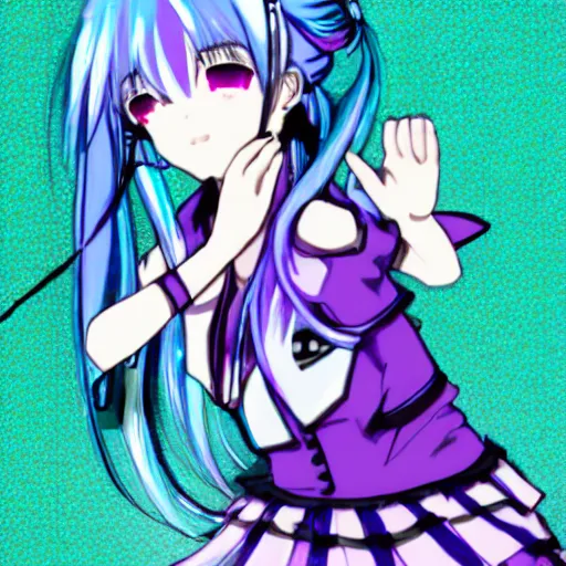 Prompt: hatsune miku eating small boy with back hair and blue purple eye, anime style