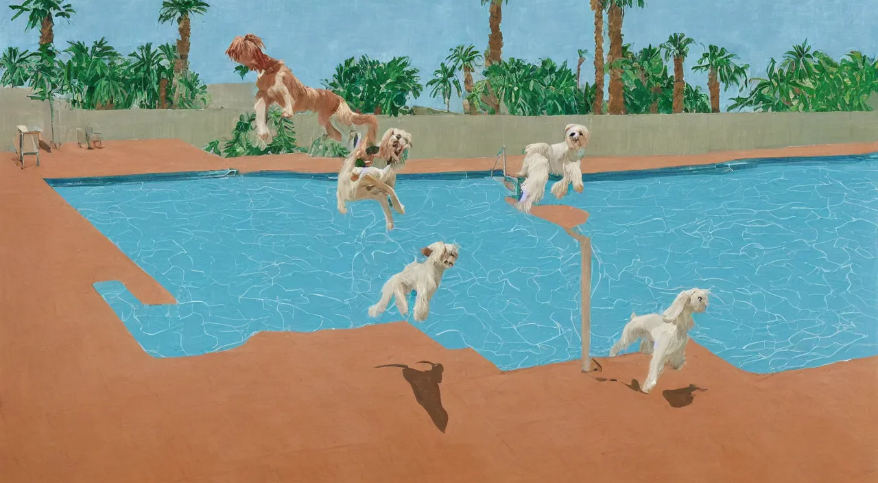 Image similar to medium shot of one cream colored havanese dog jumping from a diving board at a pool at a mid century modern house in palm springs oil painting by david hockney