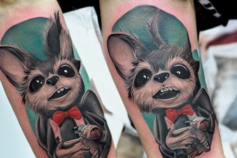 Prompt: a cute hyper realistic tattoo of gizmo from the movie gremlins wearing a wedding suit and looking happy. neo modern tattoo school, tattoo, dslr
