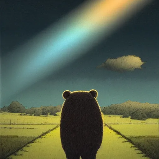 Prompt: the dropout bear walking towards the horizon, by john kenn mortensen, by takashi murakami, illustration, colored pencil, fountain pen, digital art, comic book, color grading, vintage, field of view, warm color palette, rainbow, spectral color, rays of shimmering light, volumetric light, cotton, clouds, mist