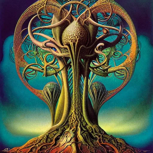 Prompt: divine chaos engine by roger dean and andrew ferez, tree of life, symbolist, visionary, art forms of nature by ernst haeckel, art nouveau, botanical organic fractal structures, surreality, detailed, realistic, deep rich moody colors