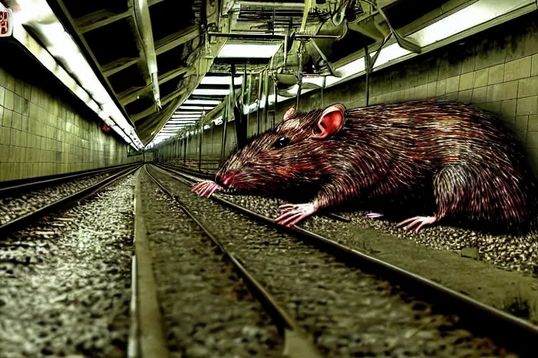 Image similar to very large giant mutant zombie irradiated rat sraying on railways in tonnel of moscow subway. extreme high detail. low dark light, night vision, scary atmosphere.