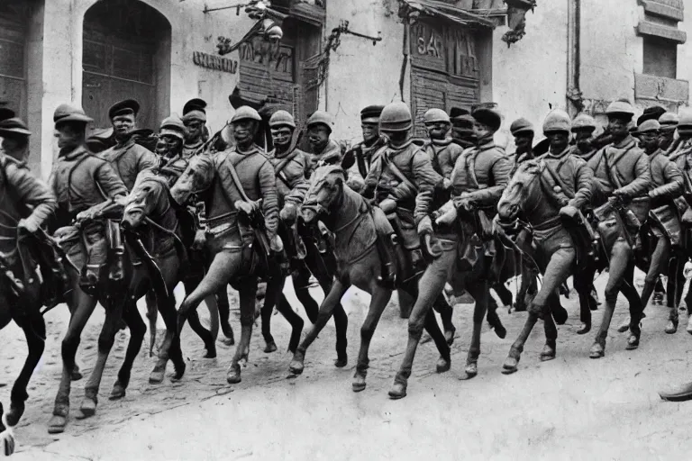 Image similar to a dozen ww 1 cavalrymen marching through italian - style city, 1 9 0 5, black and white photography