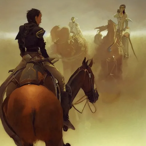 Prompt: a rider on the back of a horse, a storybook illustration by krenz cushart and phil hale, pixiv contest winner, fantasy art, official art, concept art, storybook illustration. detailed masterpiece. symmetrical face.