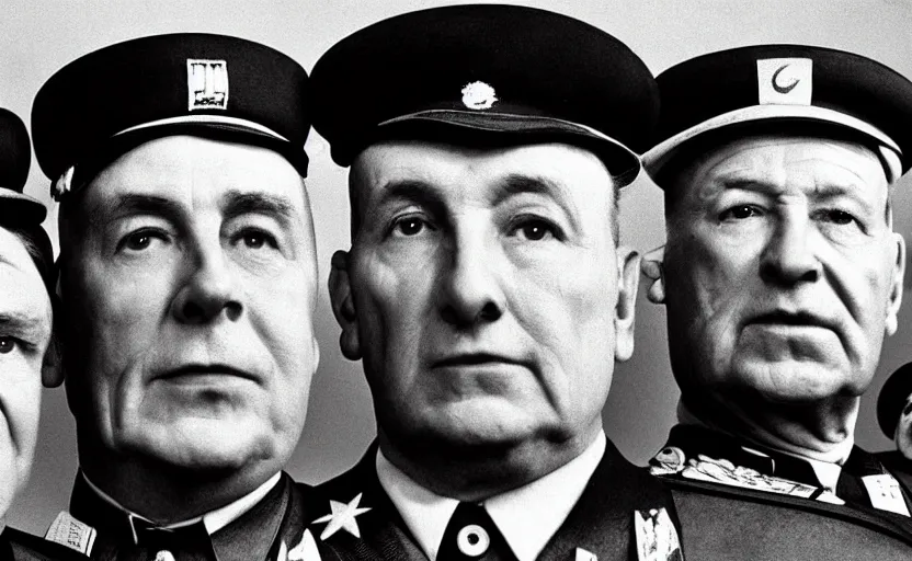 Image similar to 50s movie still close-up portrait of three individual elder soviet generals wearing general's cap with very diverses faces in a stalinist style hall, by Irving Penn, Cinestill 800t 50mm black and white, heavy grainy picture, very detailed, high quality, 4k, HD criterion, precise texture, facial precision, diverse haircuts, diverse ages, different expression