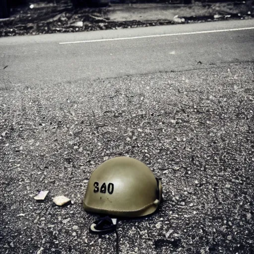 Prompt: Shot from below, soldier\'s helmet and dogtag left on the ground, in a town filled with pale yellow mist. End of the world. Depth of field. Film grain. Documentary photo. Sigma 40mm f/1.4 DG HSM