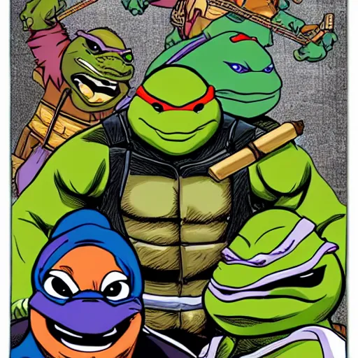 Image similar to ninja turtles in the style of mad magazine