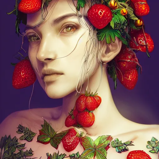 Image similar to the portrait of an absurdly beautiful, graceful, elegant, sensual woman made of strawberries and green petals, an ultrafine hyperdetailed illustration by kim jung gi, irakli nadar, intricate linework, bright colors, octopath traveler, final fantasy, angular, unreal engine 5 highly rendered, global illumination, radiant light, detailed and intricate environment