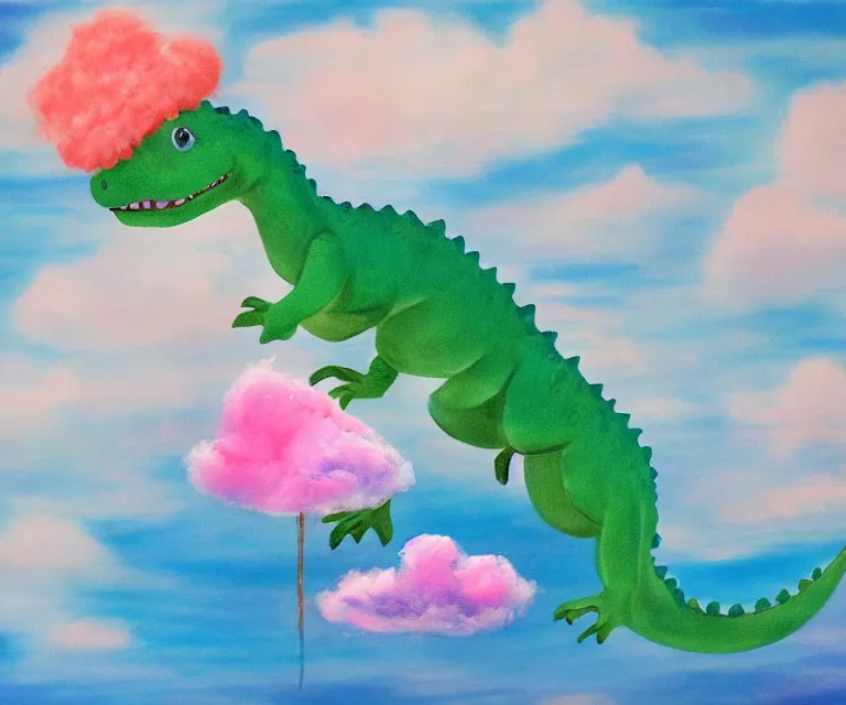 Image similar to a cute little dinosaur, water painting, cotton candy, fluffy clouds