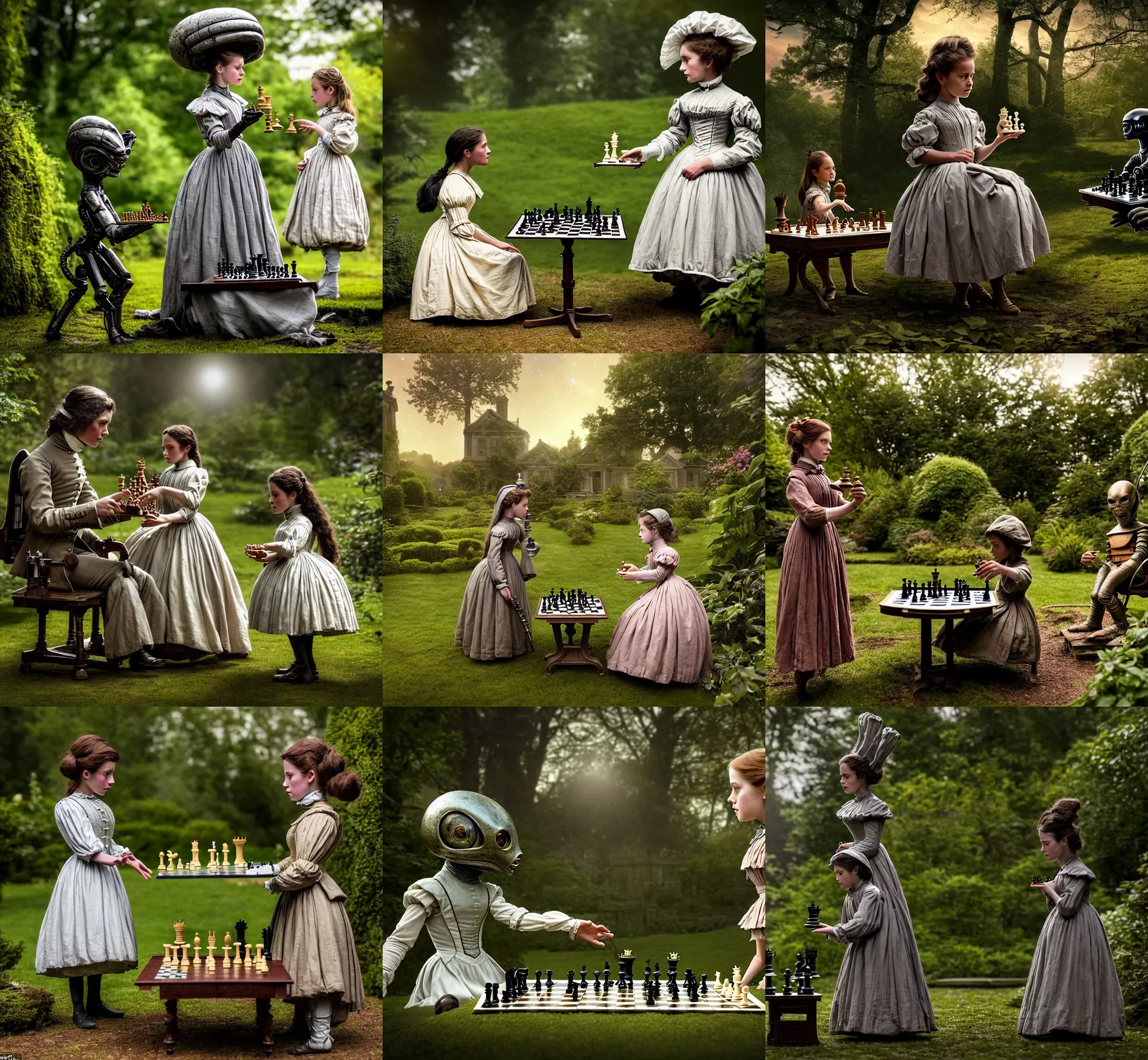 Prompt: sharp, highly detailed, film from a 2 0 1 9 sci fi 8 k movie, set in 1 8 6 0, a girl playing chess with a small cute humanoid alien, in a garden on an alien planet, wearing 1 8 6 0 s clothes, atmospheric lighting, in focus, reflective eyes, 3 5 mm macro lens, live action, nice composition