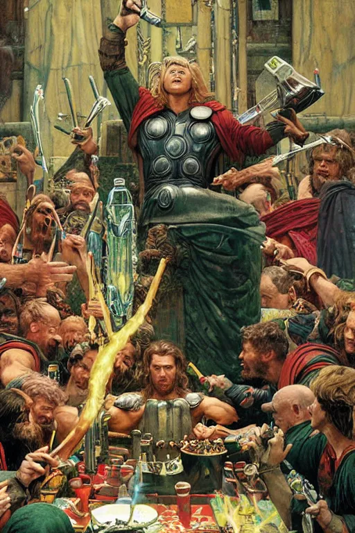 Image similar to thor drinking mountain dew during ragnarok, by lawrence alma tadema and zdzislaw beksinski and norman rockwell and jack kirby and tom lovell and greg staples